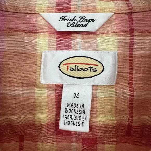 Talbots Shirt Womens Medium Plaid Irish Linen Blend 3/4 Sleeve Button Up Blouse - Picture 5 of 11